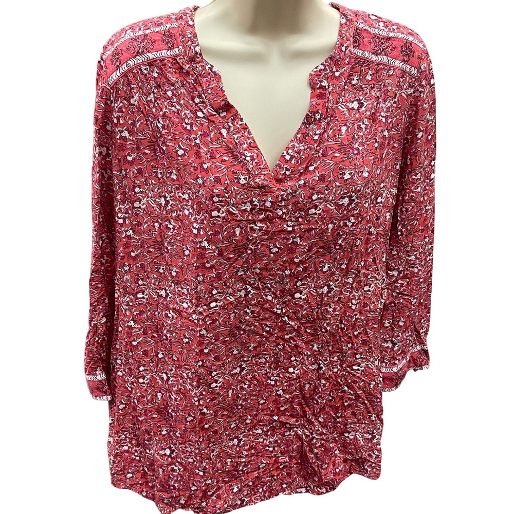 Dalia Collection Pink Red Floral Splitβ Neck 3/4 Sleeve Blouse Medium Boho Top